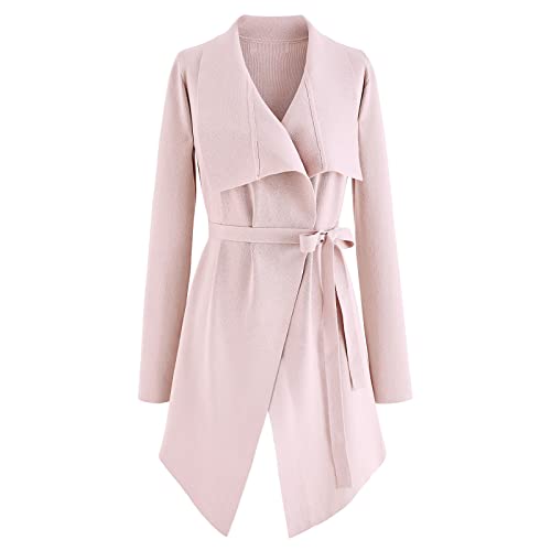 CHICWISH Women's Pink Wide Lapel Tie Waist Knit Cardigan, Size XS